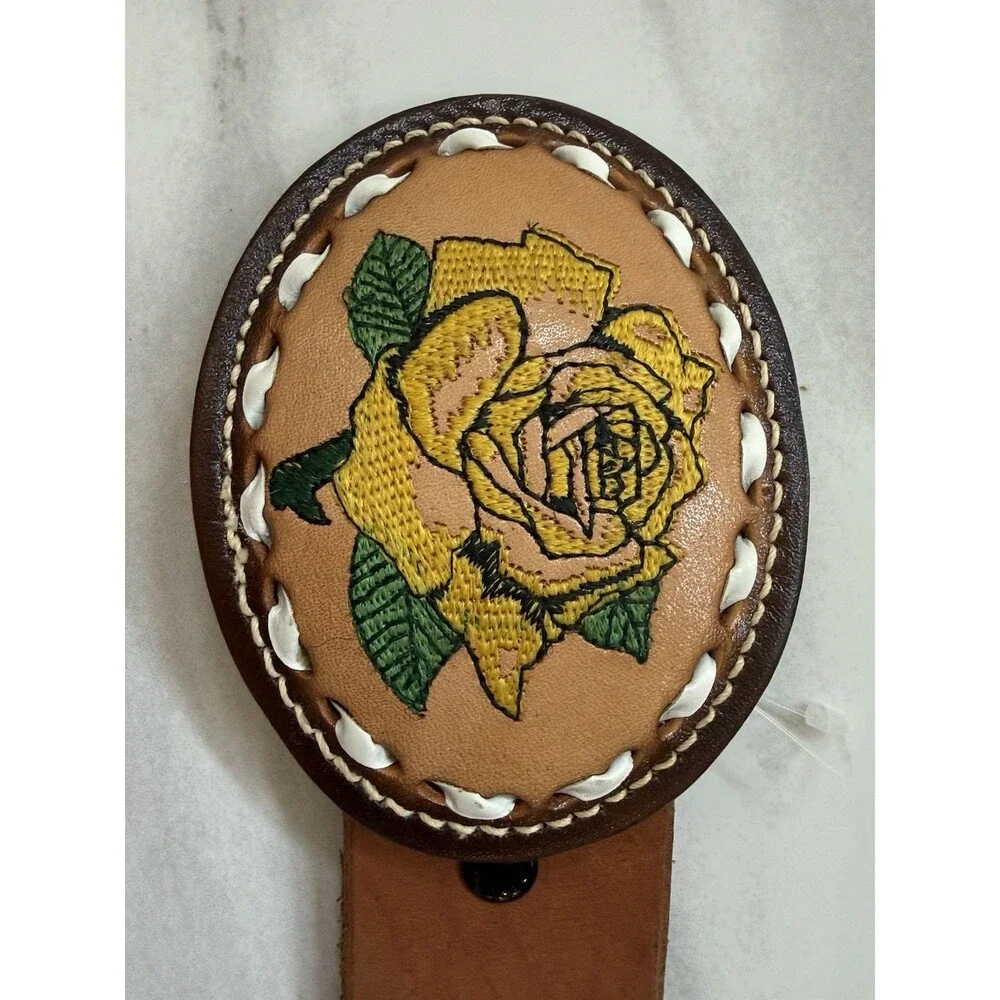 Vintage Hand Tooled Leather Belt Rose Oval Buckle Braided Western Boho Size 36